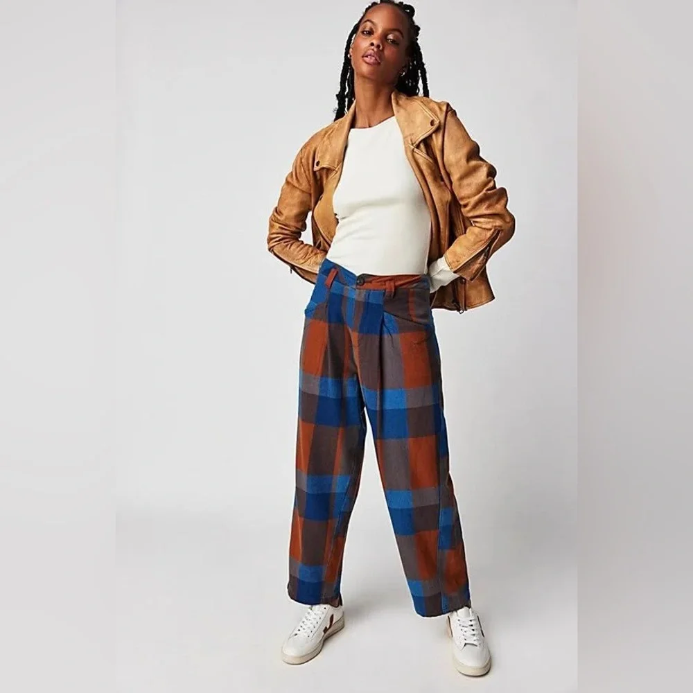 NWOT Free People Cass Plaid Slouch Indigo Combo Tapered Trousers Sz 6, 8